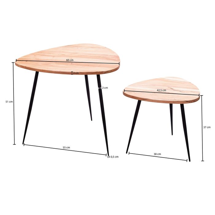 FineBuy Satztisch Massiv 2er Set Beistelltisch Tisch Holz Metall Couchtisch – Maßzeichnung