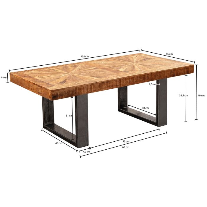 Couchtisch Massivholz 105x55 cm rechteckig Wohnzimmertisch Industrial Design – Maßzeichnung