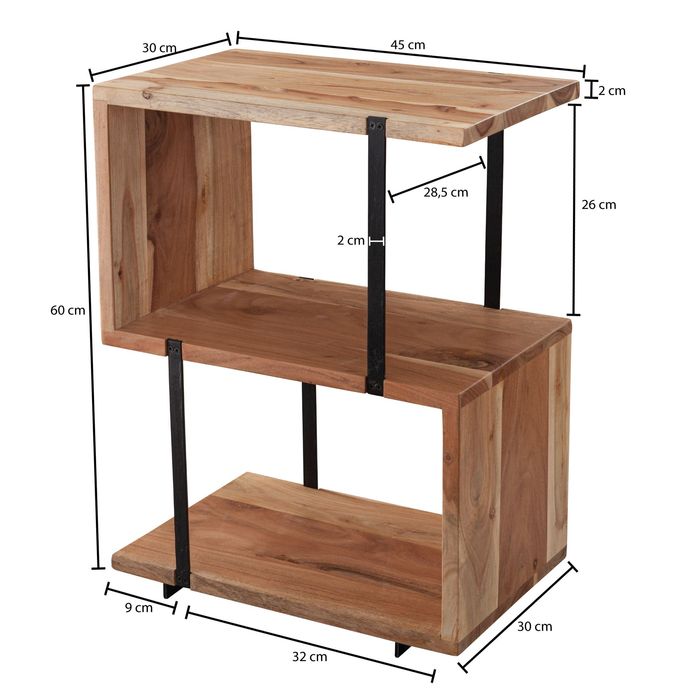 FineBuy Beistelltisch S-From 45x60x30 cm Akazie Dekotisch Sofatisch Holz Metall – Maßzeichnung
