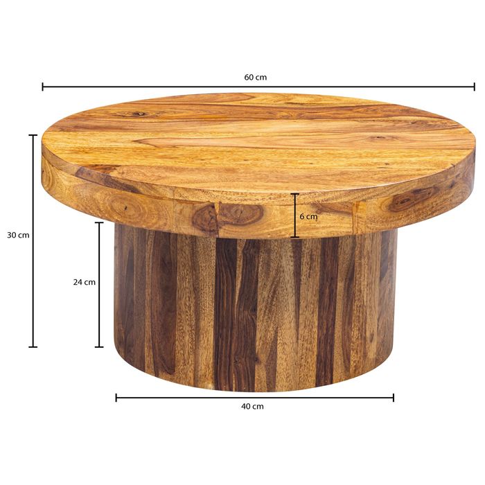 FineBuy Couchtisch Sheesham rund Ø 60 cm Wohnzimmertisch Massivholz 30 cm hoch – Maßzeichnung