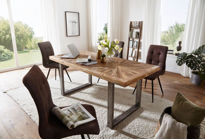 FineBuy Esstisch Mango Massivholz Küchentisch, Esszimmertisch Loft Natur, Holztisch Massiv mit Metallgestell, Industrial Tisch 22362