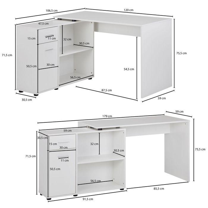 FineBuy Schreibtisch Computer Eckschreibtisch Bürotisch Regal Winkel PC Tisch – Maßzeichnung