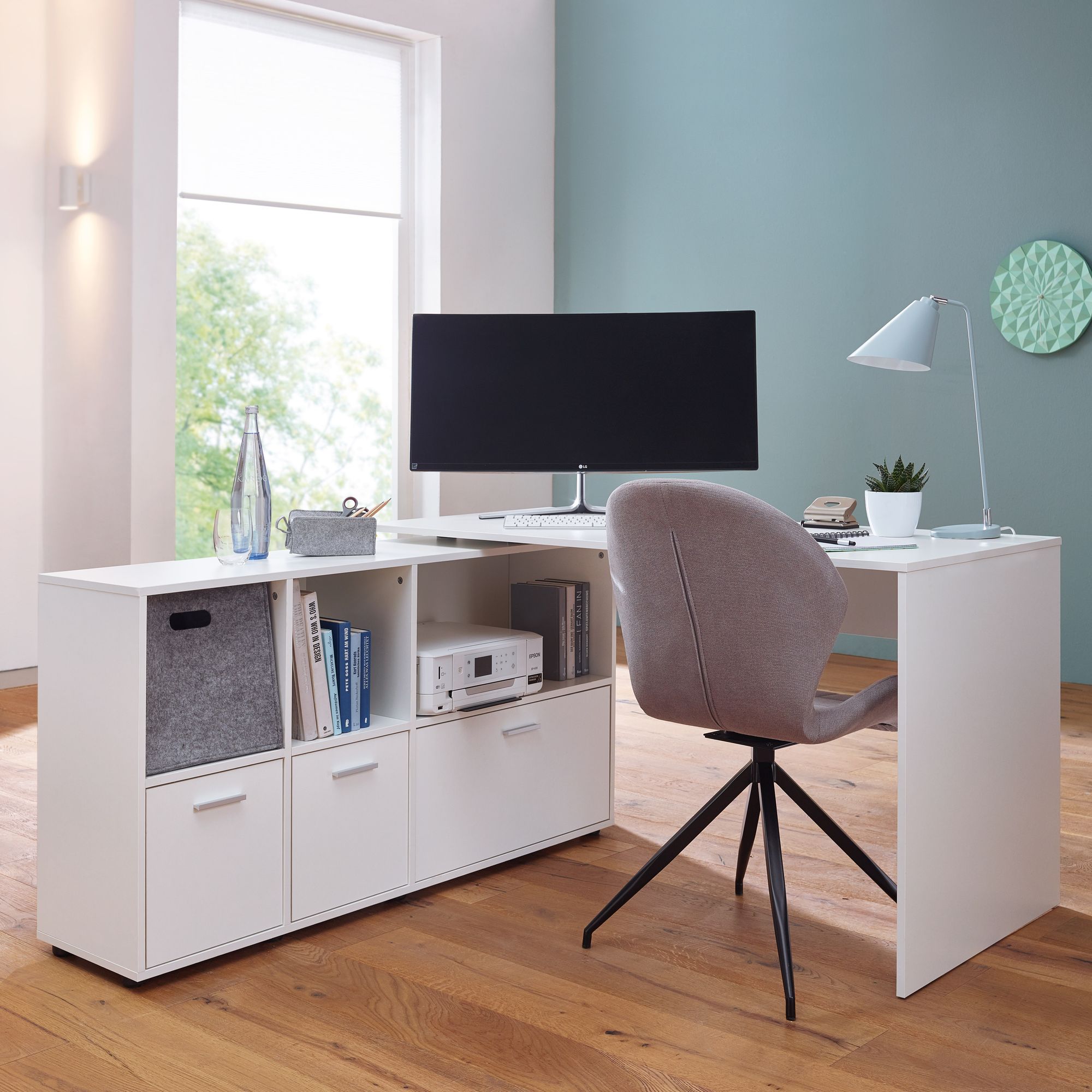 FineBuy Schreibtischkombination 136 cm Weiß Schreibtisch mit Sideboard |  Winkelschreibtisch Home Office | Tisch Büro Modern