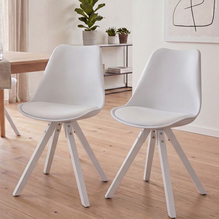 Finebuy 2er Set Retro Esszimmerstuhl mit weißen Beinen, Polsterstuhl Skandinavisch Rückenlehne, Küchenstuhl Kunstleder gepolstert