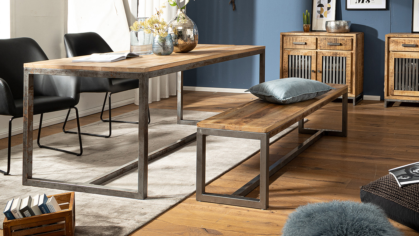 FineBuy Esszimmerbank 120 x 46 x 45 cm Mango Massivholz / Metall Holzbank Vintage, Esstischbank Massiv ohne Rücken-Lehne, Küchenbank Essbank Klein | Farbe: Braun