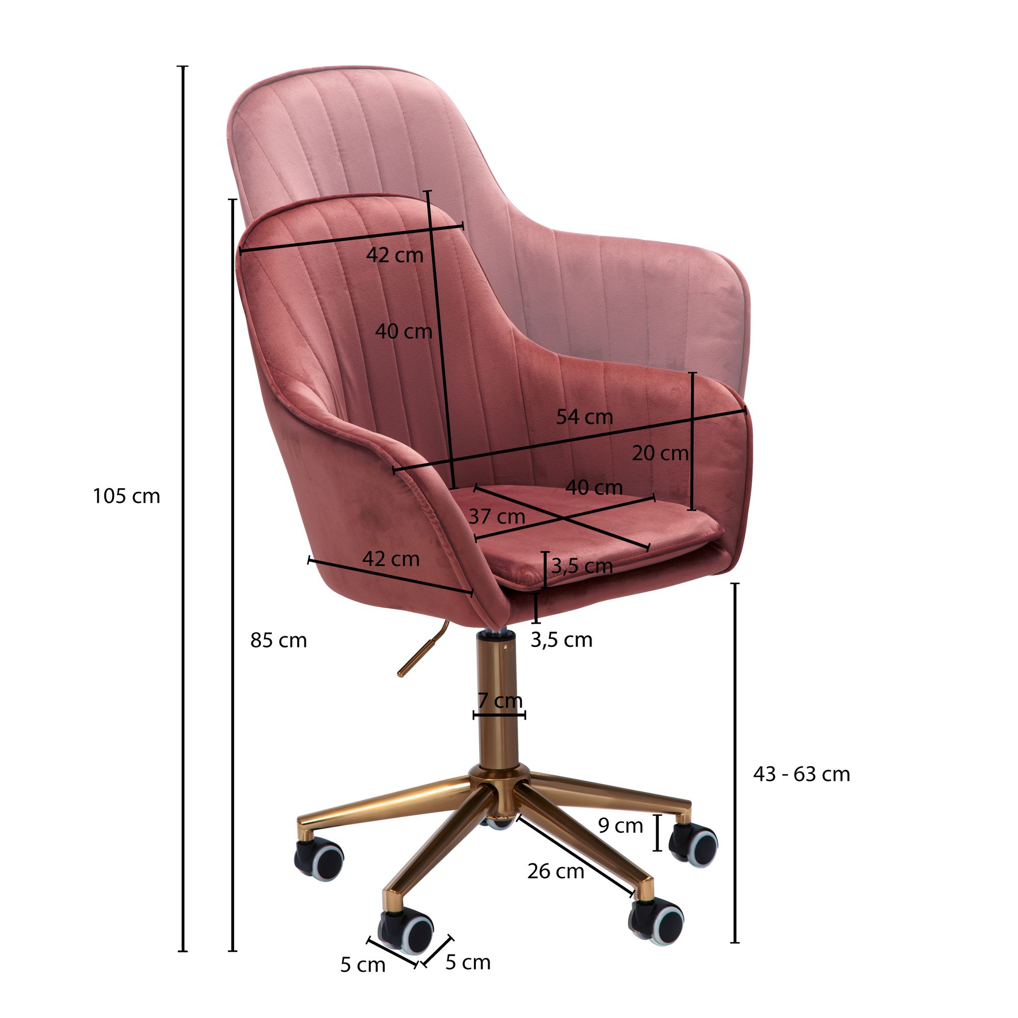 FineBuy Design Schreibtischstuhl mit Rollen - Samt Bezug gepolstert | Bürostuhl höhenverstellbar & drehbar | Sessel Drehstuhl | Farbe: Rosa