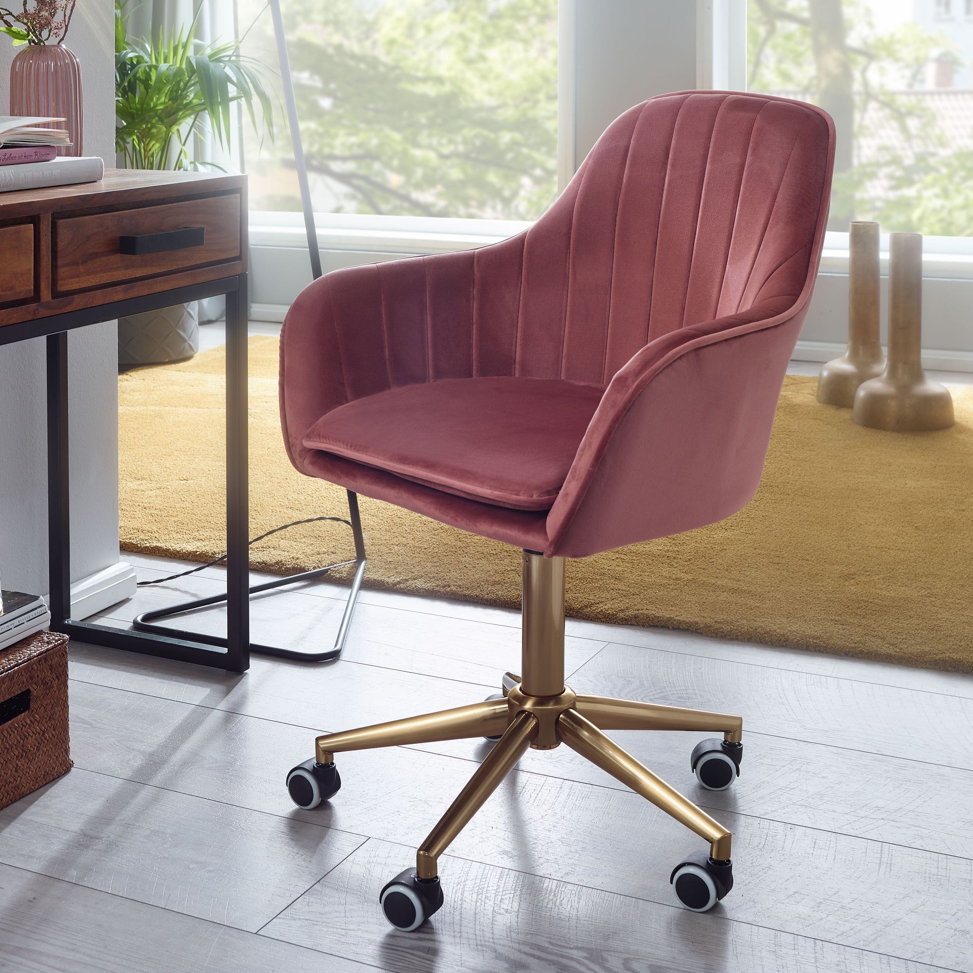 FineBuy Design Schreibtischstuhl mit Rollen - Samt Bezug gepolstert | Bürostuhl höhenverstellbar & drehbar | Sessel Drehstuhl | Farbe: Rosa