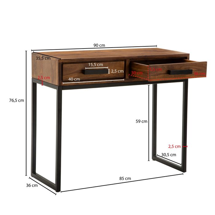 FineBuy Konsolentisch Sheesham Massivholz 90x76x36 cm Flurtisch Anrichte Schmal – Maßzeichnung