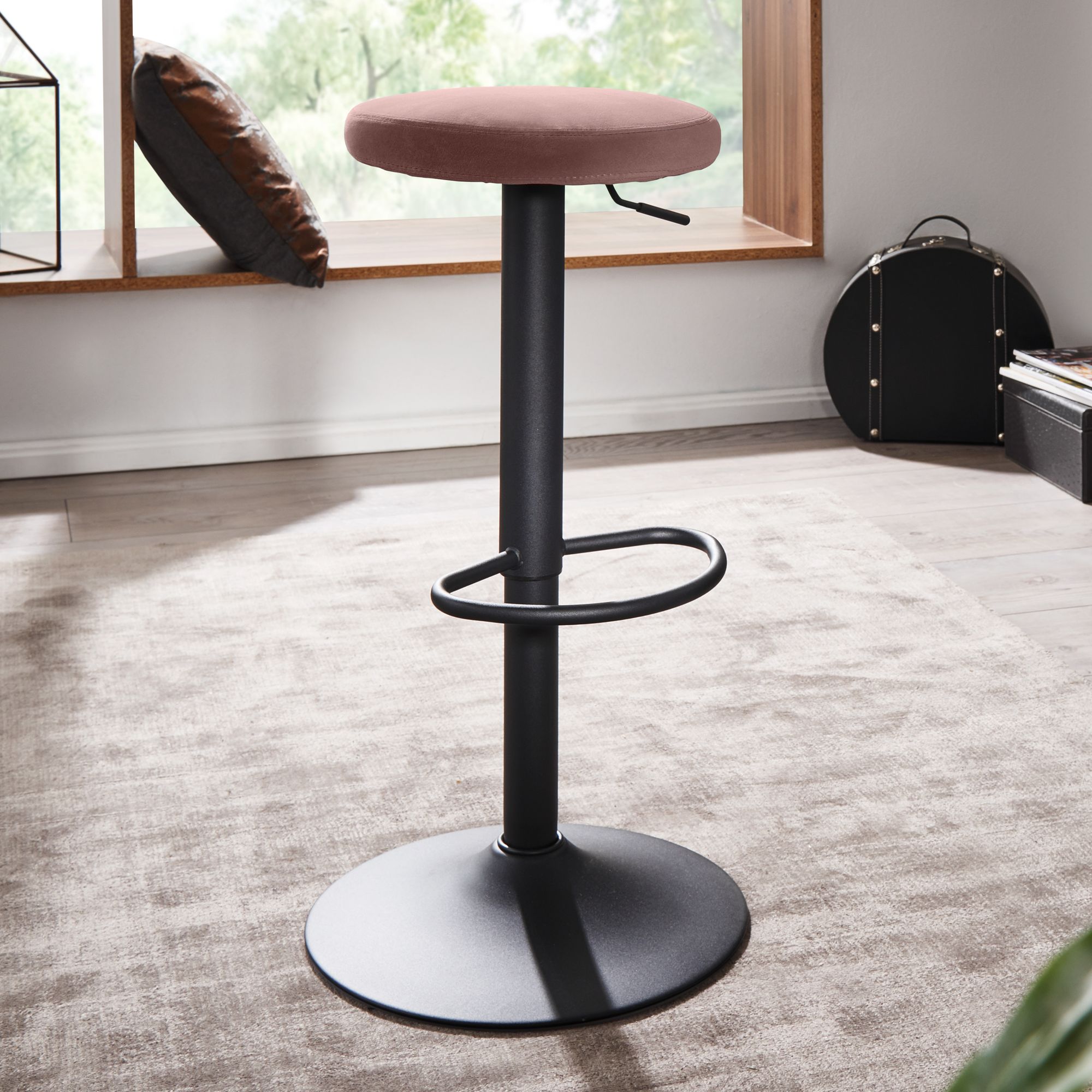 FineBuy Barhocker Samt Hocker ohne Lehne 58 - 79 cm, Küchenhocker Stoff / Metall 100kg, Design Barstuhl Tresenhocker Drehbar Bistrohocker | Farbe: Schwarz