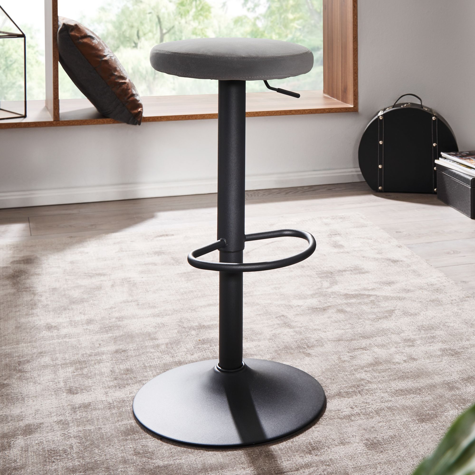 FineBuy Barhocker Samt Hocker ohne Lehne 58 - 79 cm, Küchenhocker Stoff / Metall 100kg, Design Barstuhl Tresenhocker Drehbar Bistrohocker | Farbe: Schwarz