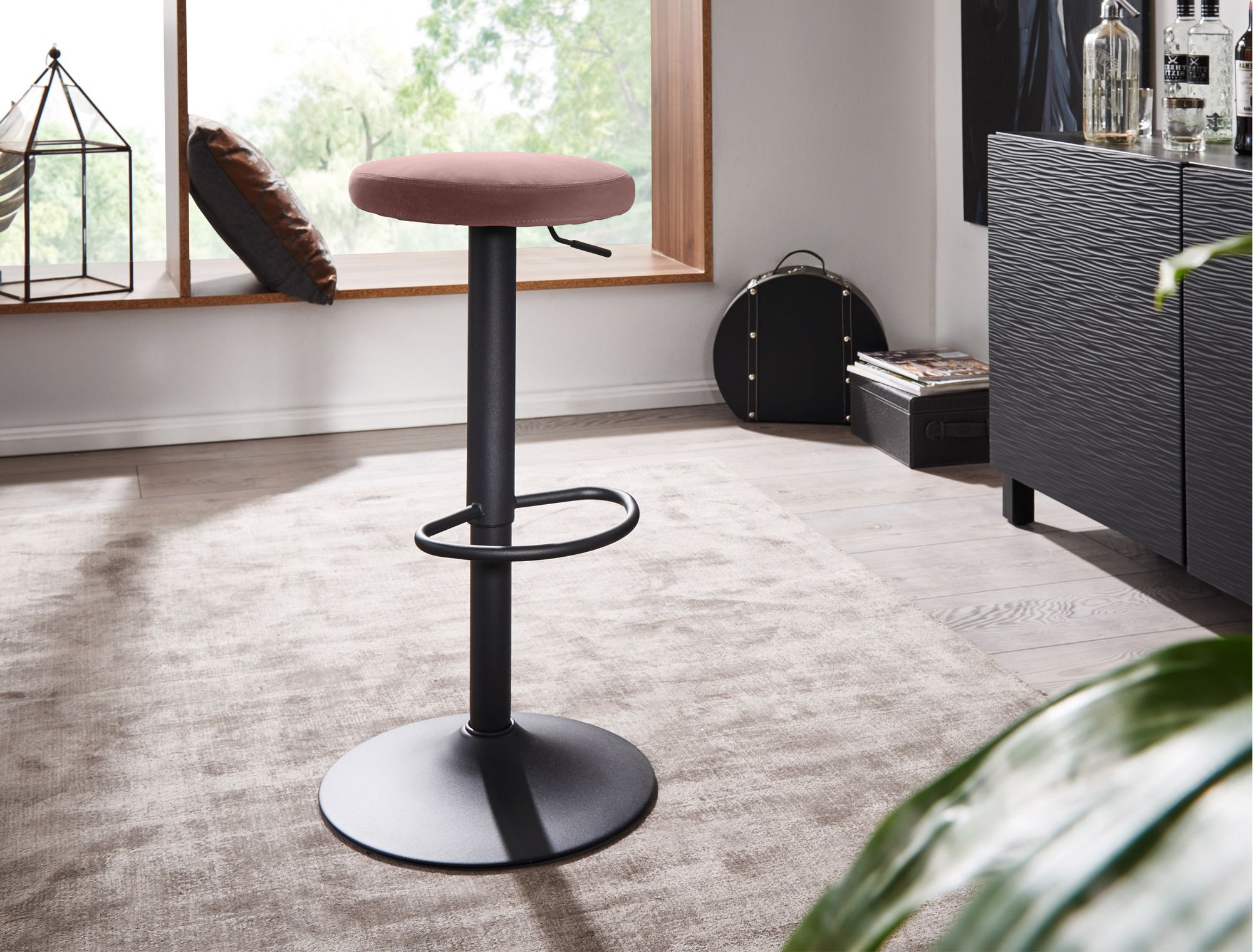 FineBuy Barhocker Samt Hocker ohne Lehne 58 - 79 cm, Küchenhocker Stoff / Metall 100kg, Design Barstuhl Tresenhocker Drehbar Bistrohocker | Farbe: Schwarz