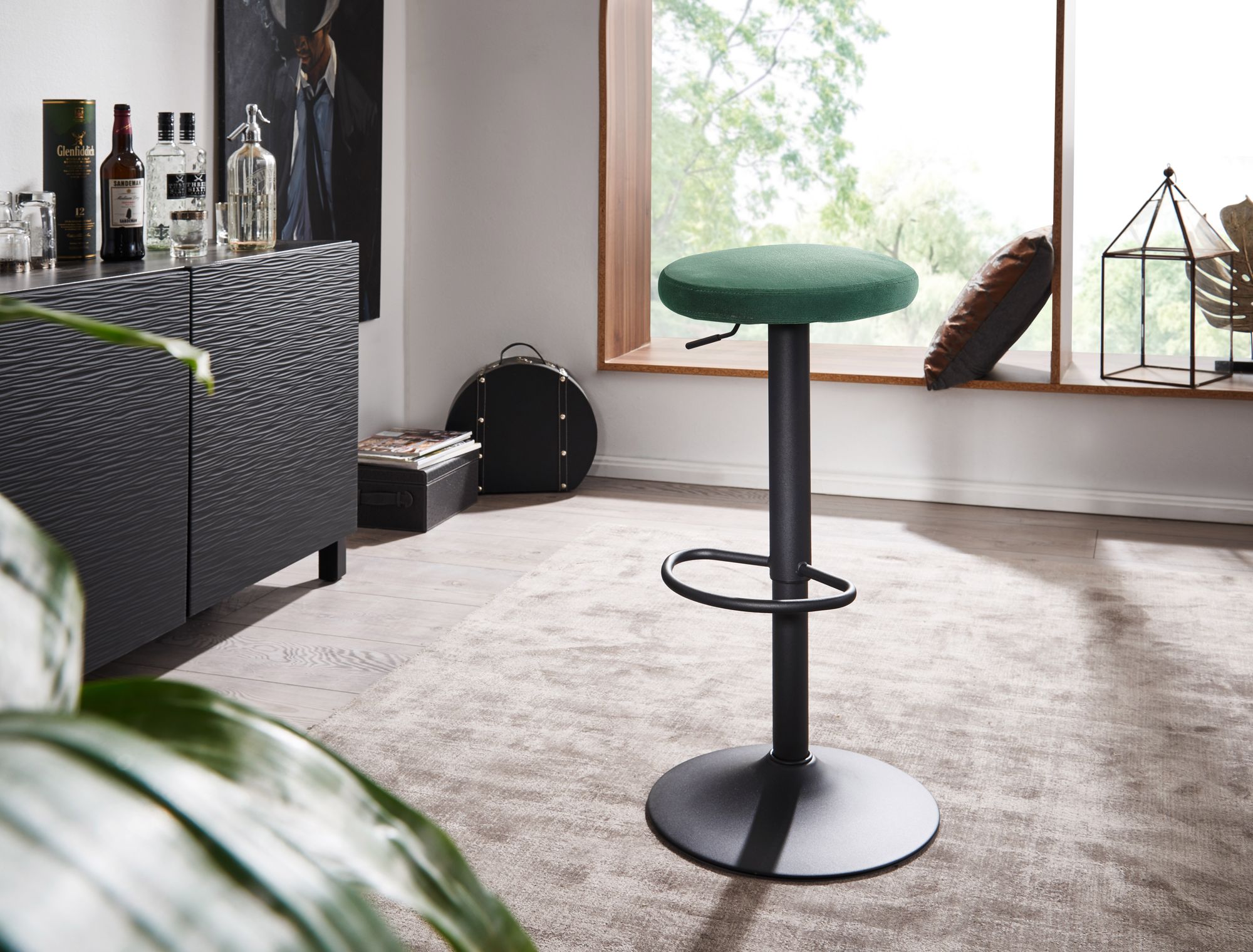 FineBuy Barhocker Samt Hocker ohne Lehne 58 - 79 cm, Küchenhocker Stoff / Metall 100kg, Design Barstuhl Tresenhocker Drehbar Bistrohocker | Farbe: Schwarz