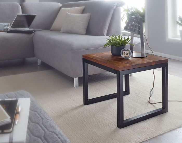 FineBuy Beistelltisch 45x40x45 cm Sheesham Massivholz / Metall Wohnzimmertisch, Industrial Style Designer Holztisch, Tisch Wohnzimmer, Kleiner Couchtisch Massiv 4250950299429