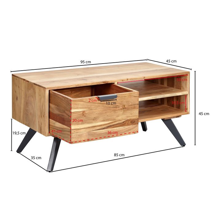 Couchtisch Massivholz 95cm Wohnzimmertisch rechteckig Schublade Industrial – Maßzeichnung