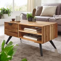 Couchtisch Massivholz 95cm Wohnzimmertisch rechteckig Schublade Industrial – Ansicht 1