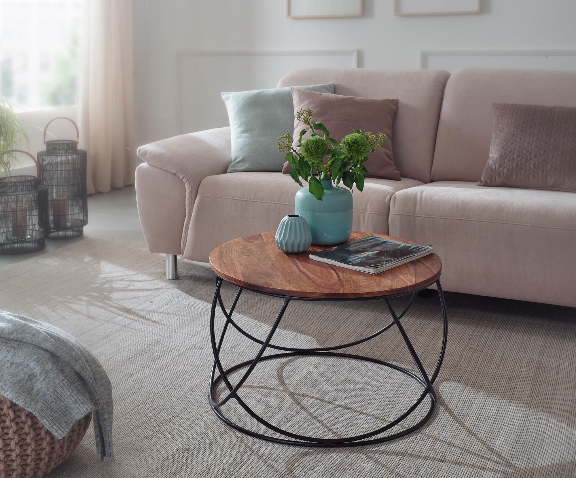 FineBuy Couchtisch Sheesham Massivholz / Metall 60 x 40 x 60 cm, Wohnzimmertisch Rund Massiv Braun, Sofatisch Modern Holztisch, Tisch Wohnzimmer Industrial | Farbe: Braun