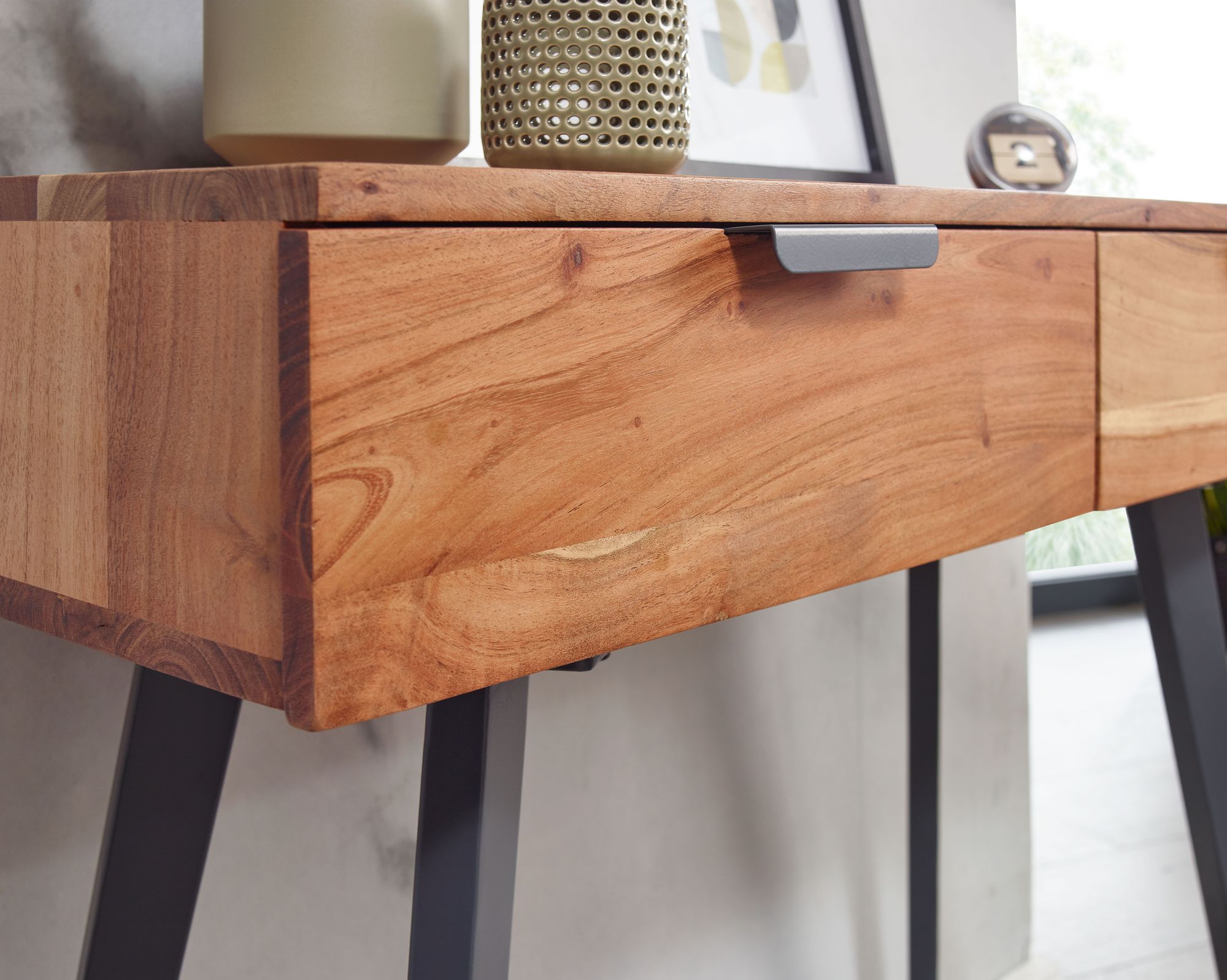 FineBuy Konsolentisch 90 x 78 x 36 cm Akazie Massivholz / Metall Konsole mit Schubladen, Kleiner Schreibtisch mit Metallbeinen, Schminktisch Anrichte Modern, Flurtisch Massiv | Farbe: Braun FineBuy Konsolentisch 90 x 78 x 36 cm Akazie Massivholz / Metall Konsole mit Schubladen, Kleiner Schreibtisch mit Metallbeinen, Schminktisch Anrichte Modern, Flurtisch Massiv | Farbe: Braun