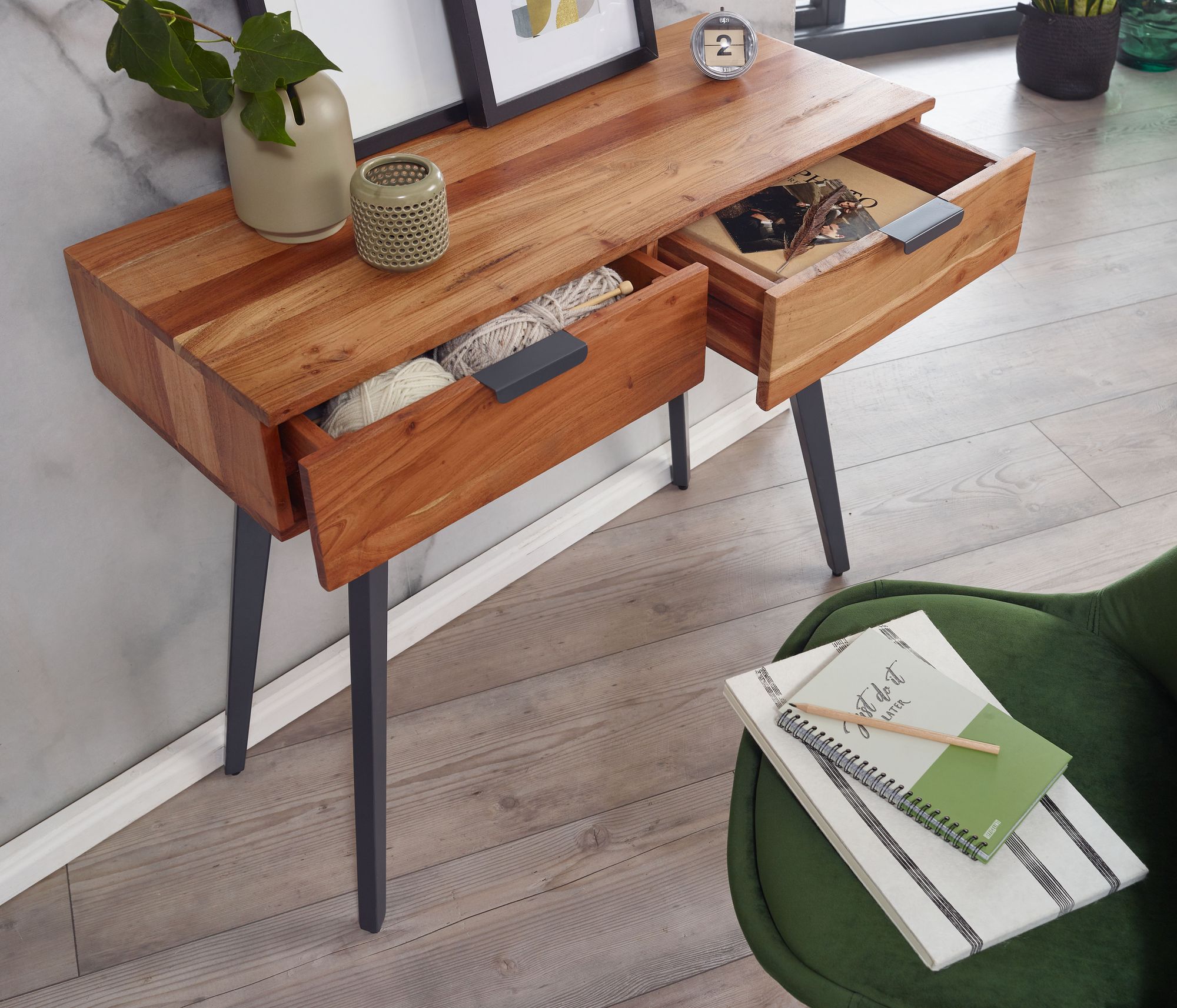 FineBuy Konsolentisch 90 x 78 x 36 cm Akazie Massivholz / Metall Konsole mit Schubladen, Kleiner Schreibtisch mit Metallbeinen, Schminktisch Anrichte Modern, Flurtisch Massiv | Farbe: Braun FineBuy Konsolentisch 90 x 78 x 36 cm Akazie Massivholz / Metall Konsole mit Schubladen, Kleiner Schreibtisch mit Metallbeinen, Schminktisch Anrichte Modern, Flurtisch Massiv | Farbe: Braun