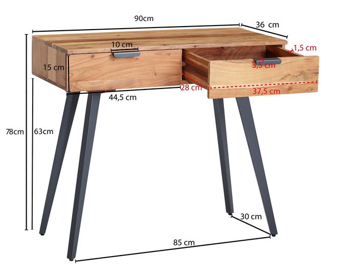 FineBuy Konsolentisch 90 cm Akazie Schreibtisch Massivholz / Metall Schminktisch – Maßzeichnung