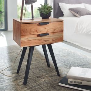 FB59387 FineBuy Nachtkonsole 47 x 65 x 35 cm Akazie Massivholz Nachttisch Boxspringbett, Nachtkästchen 2 Schubladen, Nachtschrank Modern mit Metallbeinen, Nachtkommode Massiv 4250950299818