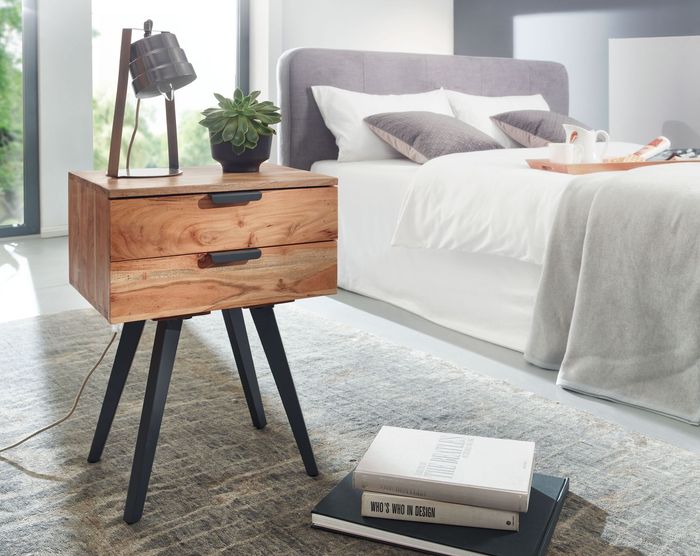 FineBuy Nachtkonsole 47 x 65 x 35 cm Akazie Massivholz Nachttisch Boxspringbett, Nachtkästchen 2 Schubladen, Nachtschrank Modern mit Metallbeinen, Nachtkommode Massiv 4250950299818