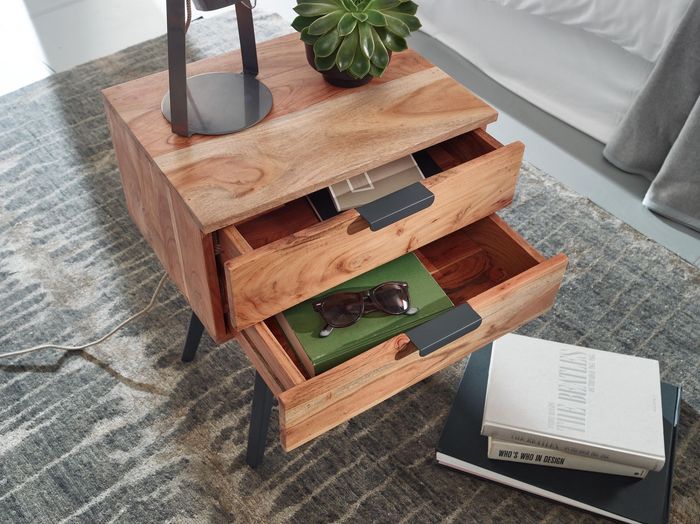 FineBuy Nachtkonsole 47 x 65 x 35 cm Akazie Massivholz Nachttisch Boxspringbett, Nachtkästchen 2 Schubladen, Nachtschrank Modern mit Metallbeinen, Nachtkommode Massiv 4250950299818