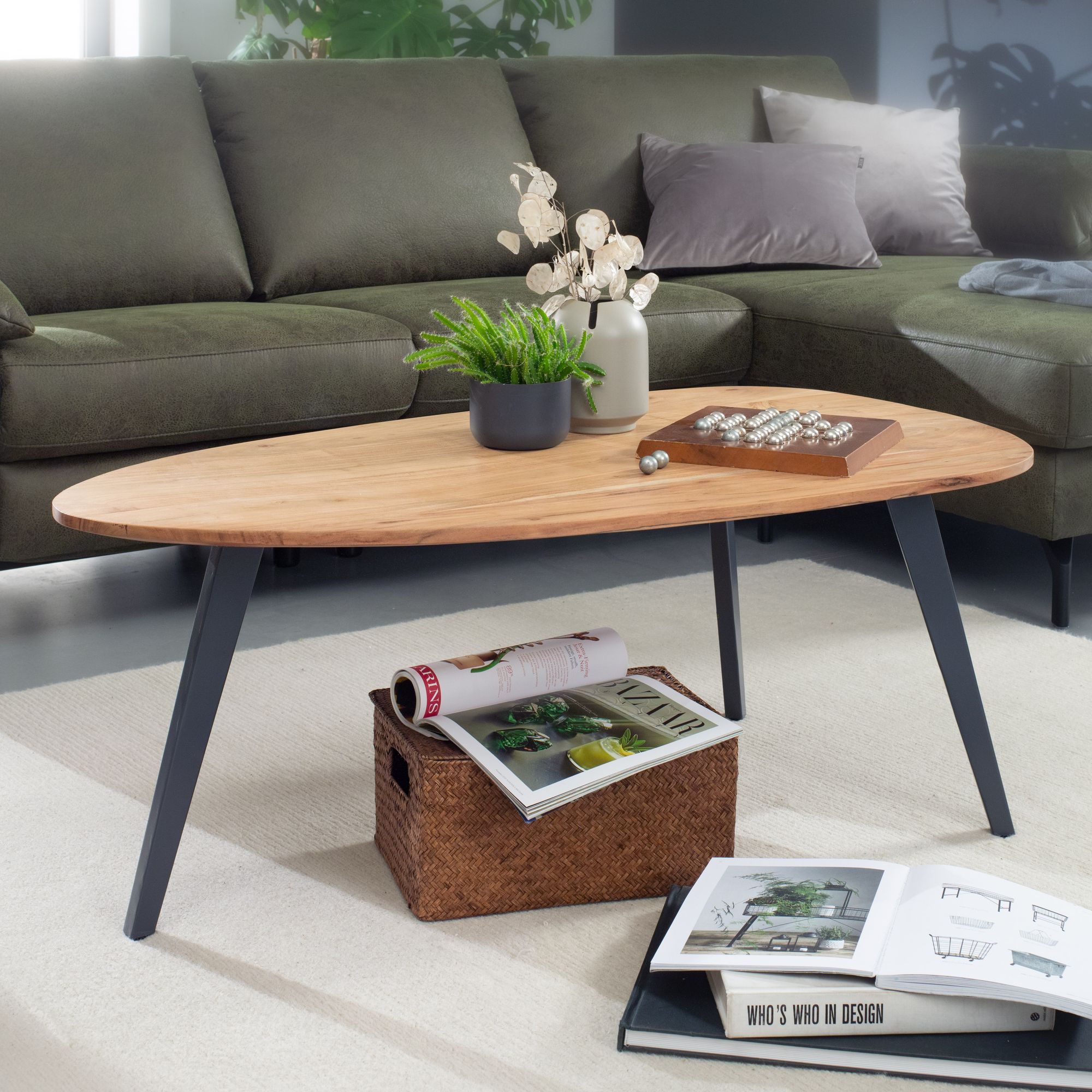 FineBuy Couchtisch Akazie Natur Massivholz oval 110 cm · Wohnzimmertisch mit schwarzen Metallbeinen · Handgefertigter Design Tisch in Nierenform | Farbe: Braun FineBuy Couchtisch Akazie Natur Massivholz oval 110 cm · Wohnzimmertisch mit schwarzen Metallbeinen · Handgefertigter Design Tisch in Nierenform | Farbe: Braun