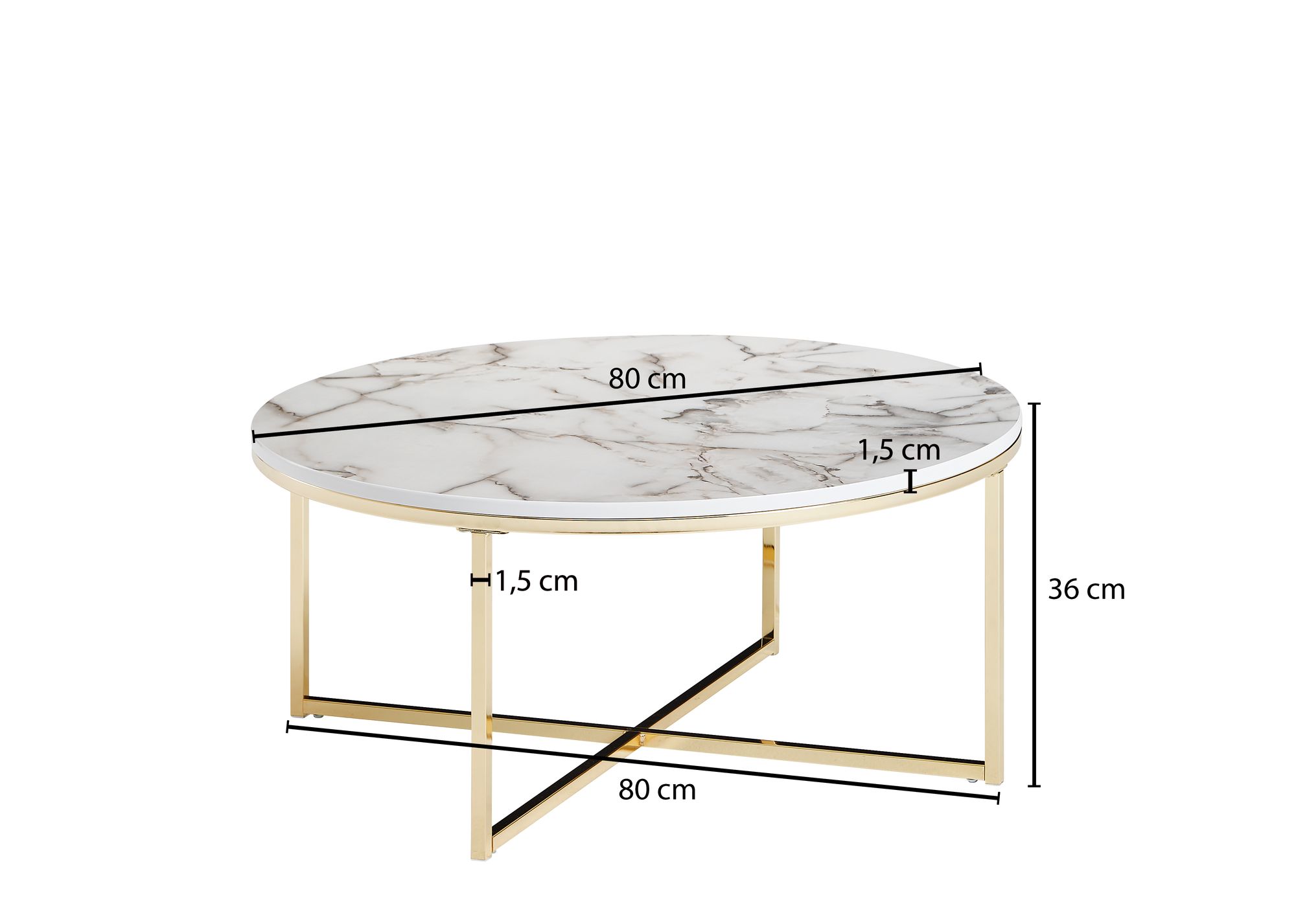 FineBuy Design Couchtisch Ø 80 cm Marmoroptik, Wohnzimmertisch mit Metall-Gestell, Sofatisch Rund Tisch Wohnzimmer, Beistelltisch | Farbe: Weiß