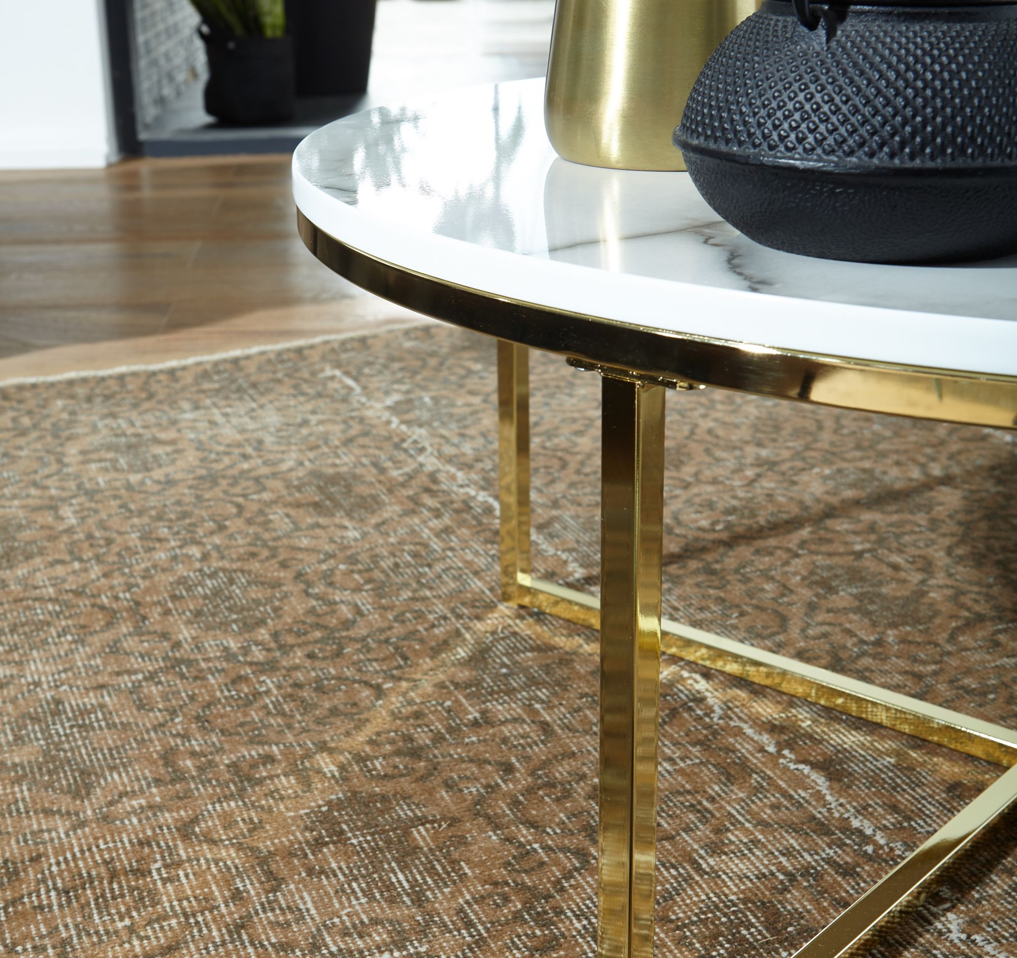 FineBuy Design Couchtisch Ø 80 cm Marmoroptik, Wohnzimmertisch mit Metall-Gestell, Sofatisch Rund Tisch Wohnzimmer, Beistelltisch | Farbe: Weiß