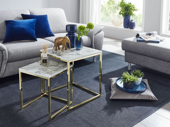 FineBuy Design Beistelltisch 2er Set Marmor Optik Eckig, Couchtisch 2-teilig Tischgestell Metall, Kleine Wohnzimmertische, Moderne Satztische Quadratisch