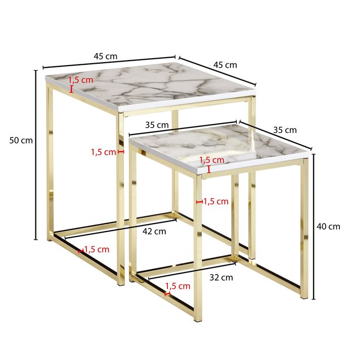 FineBuy Beistelltisch 2er Set Couchtisch Marmor Optik Wohnzimmertisch Eckig – Maßzeichnung