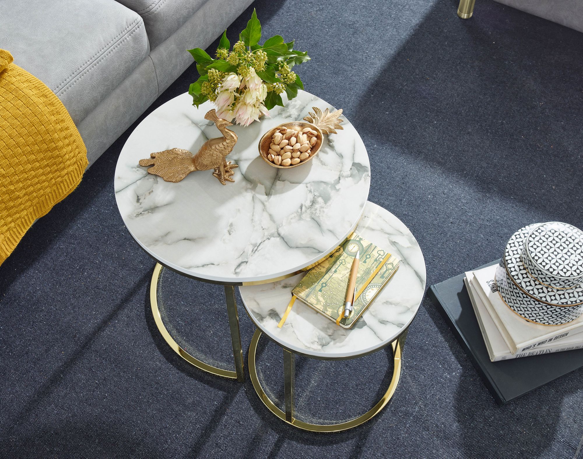 FineBuy Design Beistelltisch 2er Set Marmor Optik Rund, Couchtisch 2-teilig Tischgestell Metall, Kleine Wohnzimmertische, Moderne Satztische | Farbe: Weiß