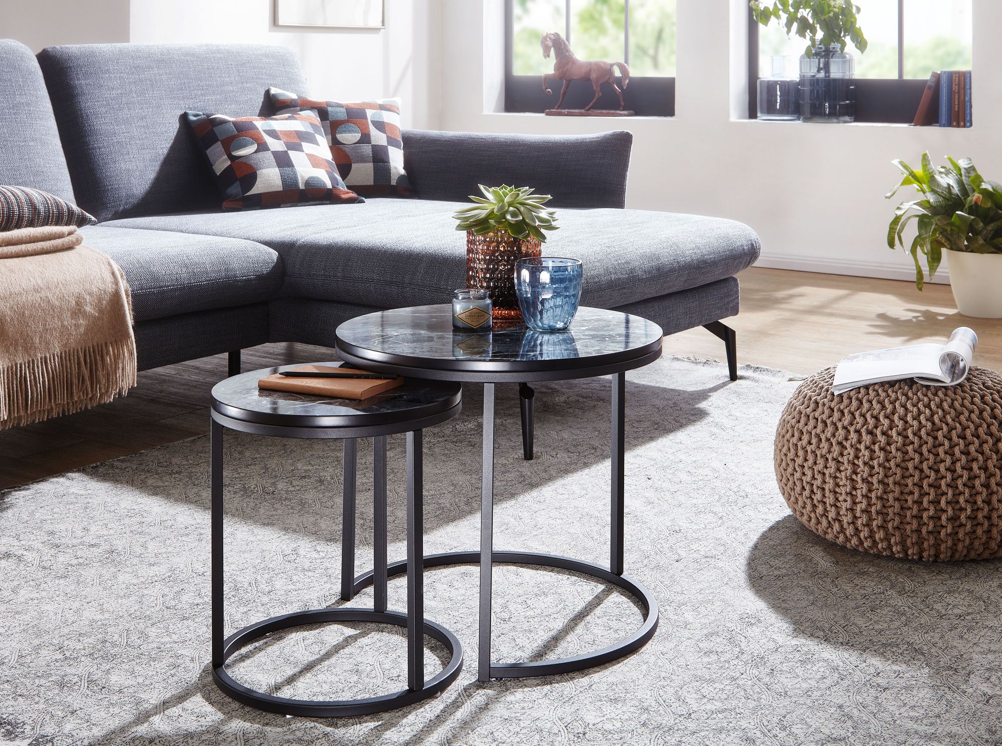 FineBuy Design Beistelltisch 2er Set Marmor Optik Rund, Couchtisch 2-teilig Tischgestell Metall, Kleine Wohnzimmertische, Moderne Satztische | Farbe: Weiß