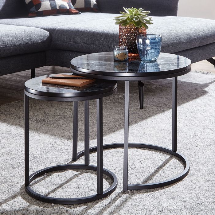 FineBuy Beistelltisch 2er Set Couchtisch Marmor Optik Wohnzimmertisch Rund Tisch