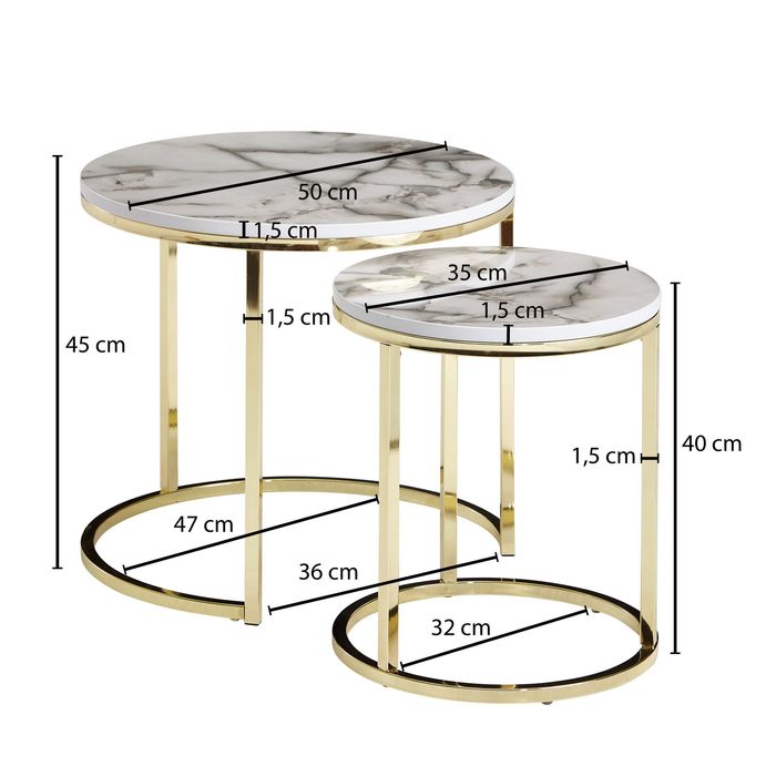 FineBuy Beistelltisch 2er Set Couchtisch Marmor Optik Wohnzimmertisch Rund Tisch – Maßzeichnung
