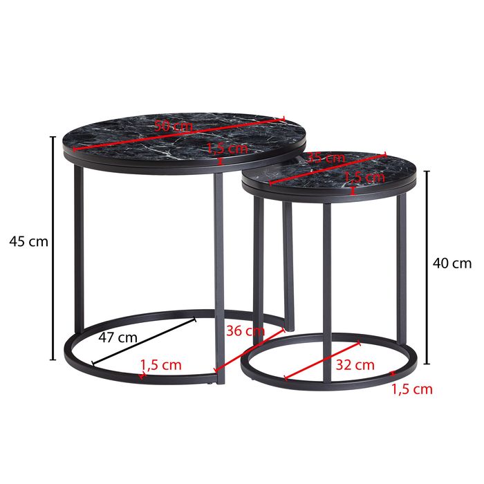 FineBuy Beistelltisch 2er Set Couchtisch Marmor Optik Wohnzimmertisch Rund Tisch – Maßzeichnung