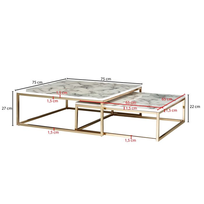 FineBuy Couchtisch 2er Set Marmor Optik Satztisch Modern Metallgestell Sofatisch – Maßzeichnung