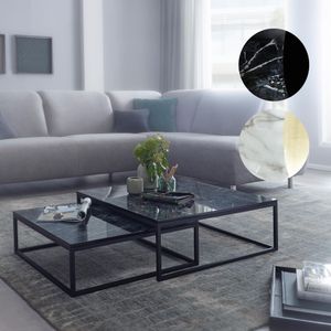 FineBuy Design Couchtisch 2er Set Marmor Optik Eckig, Couchtische 2-teilig Tischgestell Metall, Edle Wohnzimmertische, Moderne Satztische