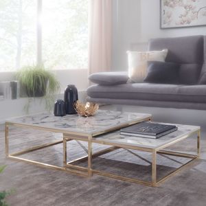 FineBuy Design Couchtisch 2er Set Marmor Optik Eckig, Couchtische 2-teilig Tischgestell Metall, Edle Wohnzimmertische, Moderne Satztische
