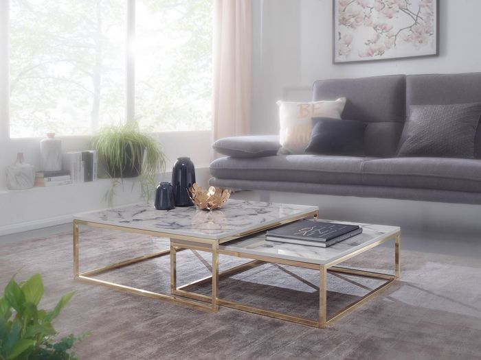 FineBuy Design Couchtisch 2er Set Marmor Optik Eckig, Couchtische 2-teilig Tischgestell Metall, Edle Wohnzimmertische, Moderne Satztische