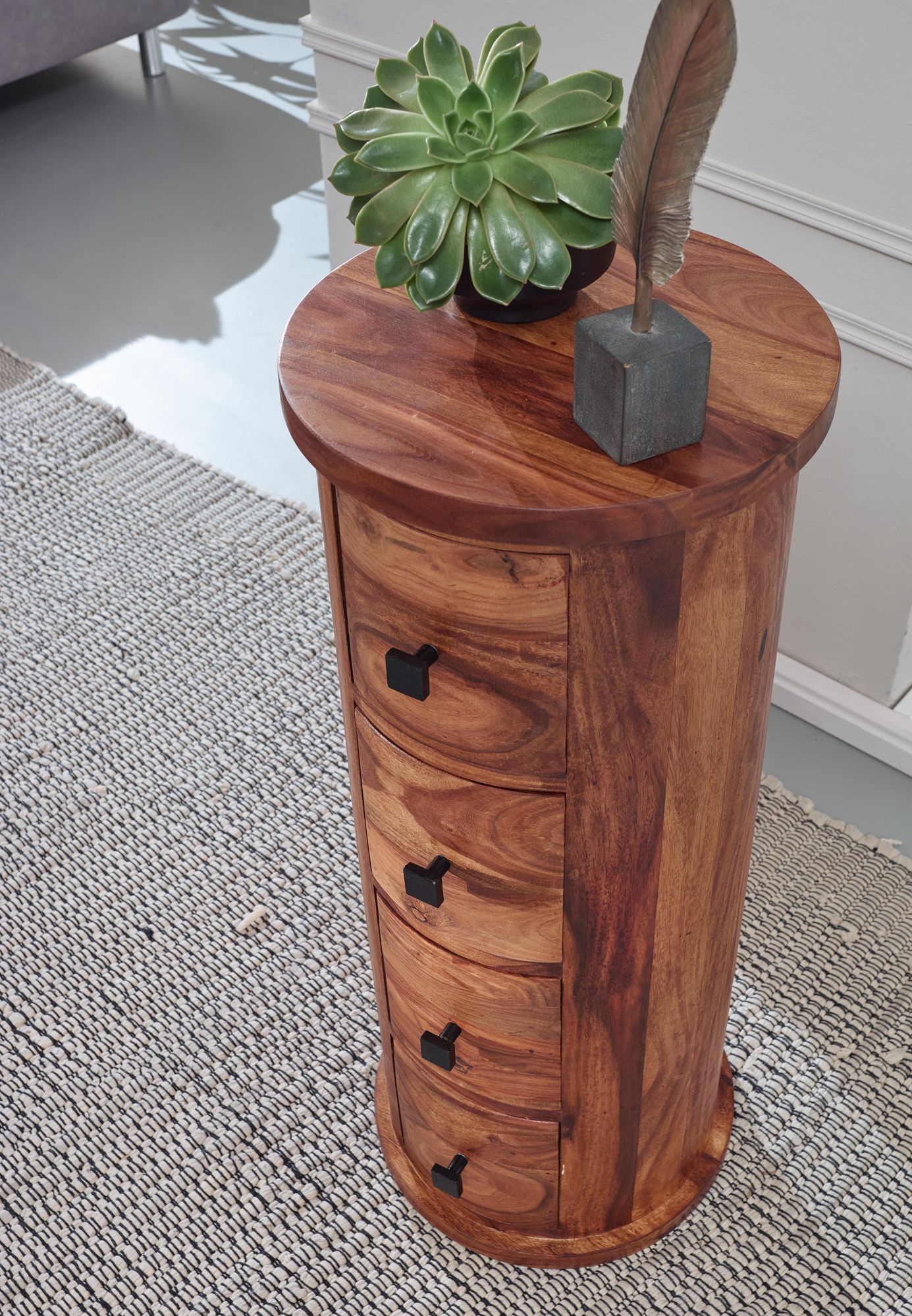 FineBuy Design Sideboard Sheesham Massivholz Ø 35 cm, Schränkchen mit Schubladen, Schmaler Beistellschrank Massiv, Mini Kommode Rund | Farbe: Braun