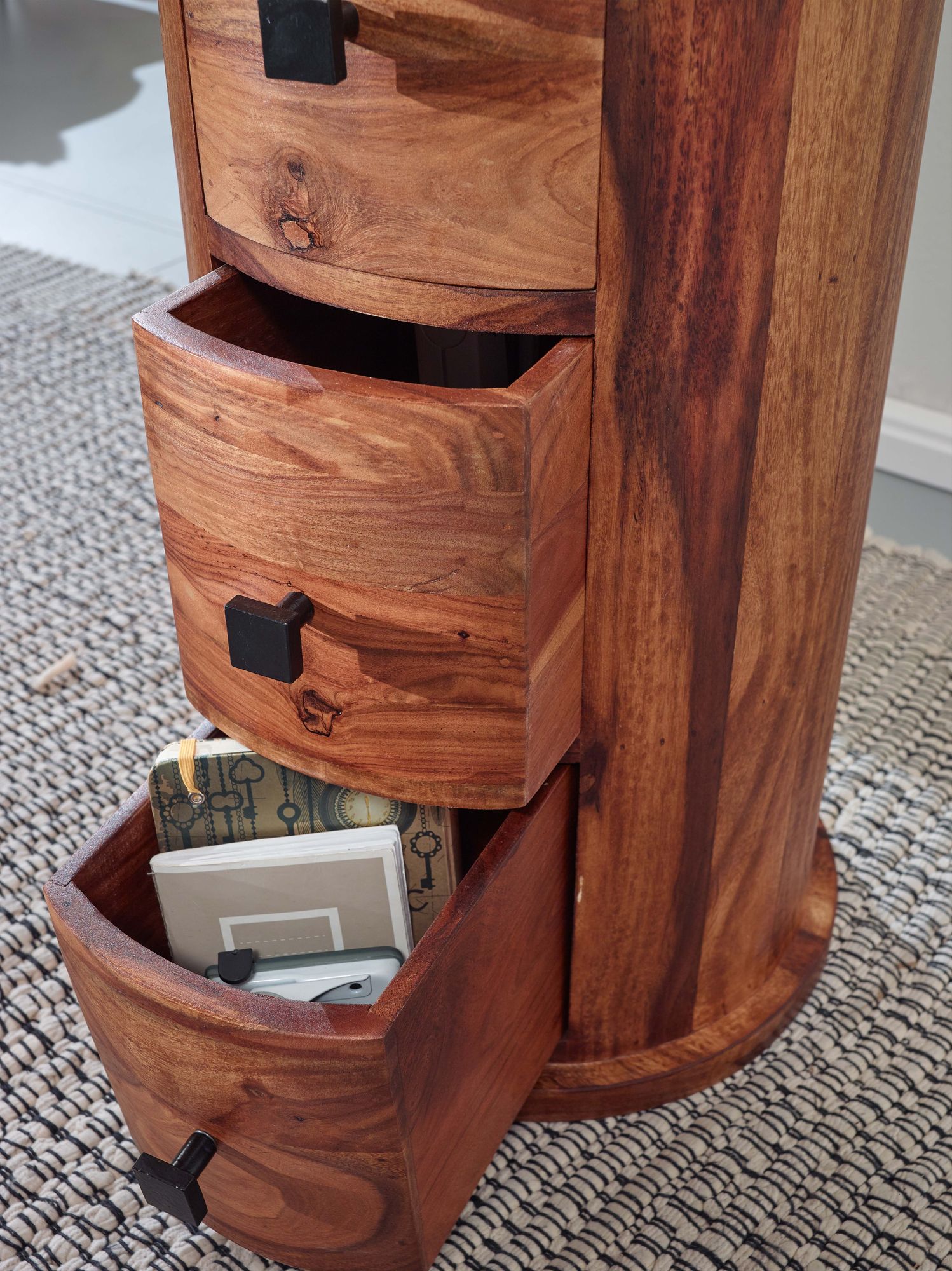 FineBuy Design Sideboard Sheesham Massivholz Ø 35 cm, Schränkchen mit Schubladen, Schmaler Beistellschrank Massiv, Mini Kommode Rund | Farbe: Braun