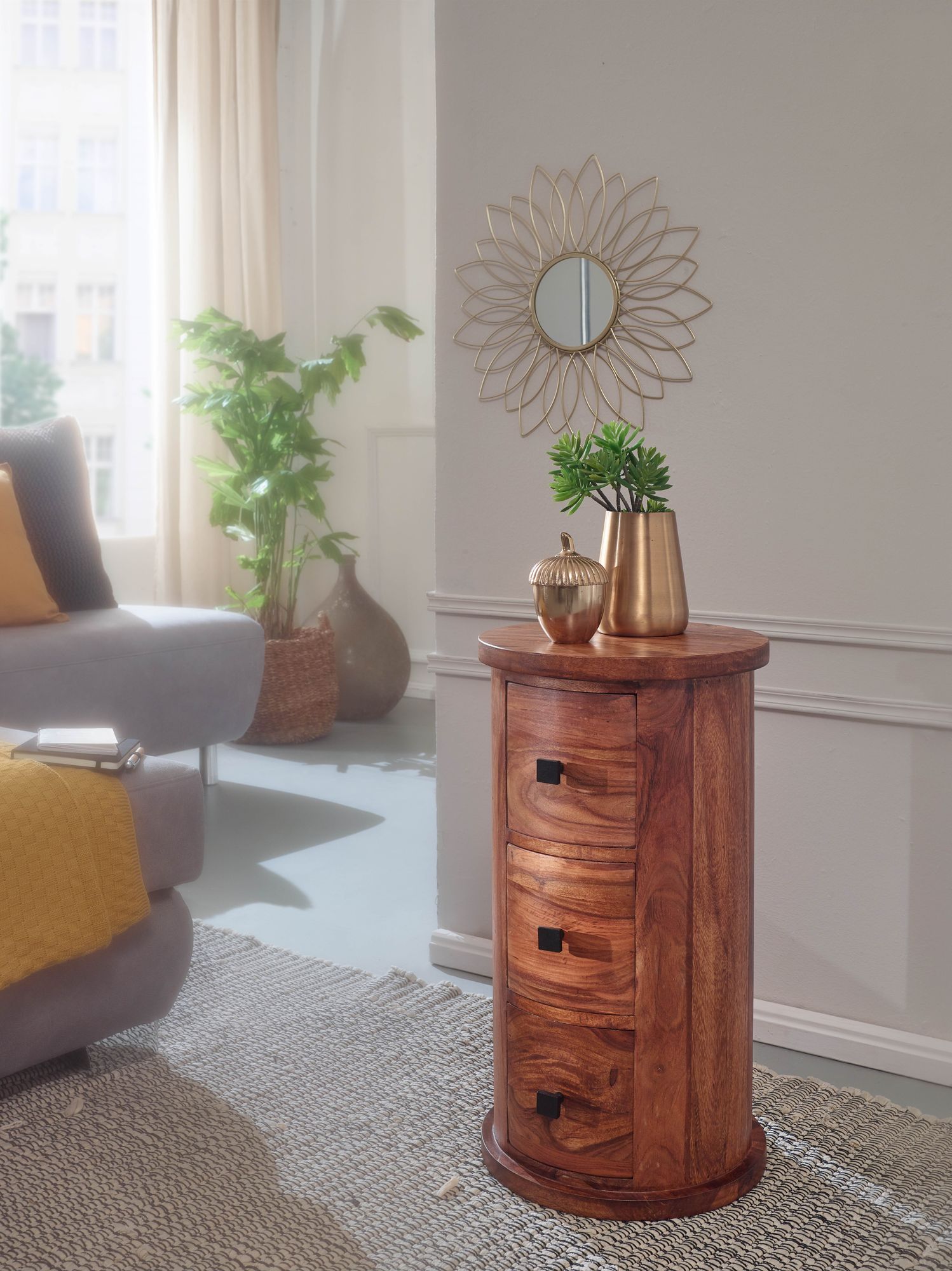 FineBuy Design Sideboard Sheesham Massivholz Ø 35 cm, Schränkchen mit Schubladen, Schmaler Beistellschrank Massiv, Mini Kommode Rund | Farbe: Braun