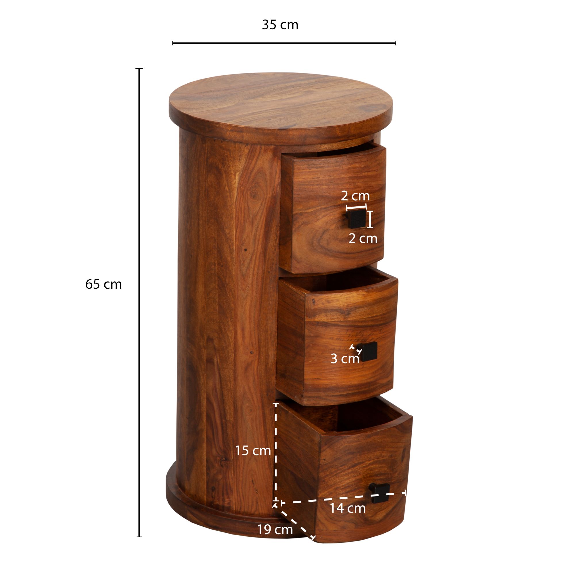 FineBuy Design Sideboard Sheesham Massivholz Ø 35 cm, Schränkchen mit Schubladen, Schmaler Beistellschrank Massiv, Mini Kommode Rund | Farbe: Braun