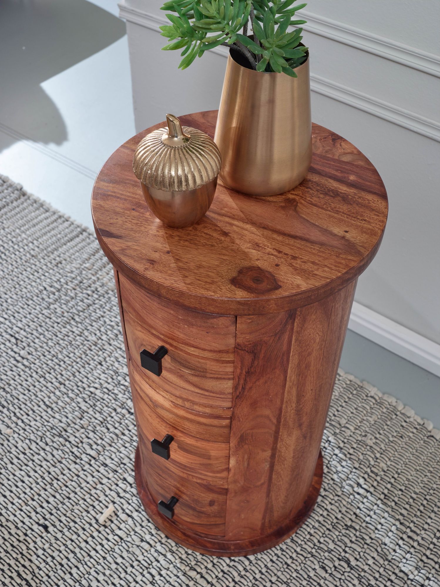 FineBuy Design Sideboard Sheesham Massivholz Ø 35 cm, Schränkchen mit Schubladen, Schmaler Beistellschrank Massiv, Mini Kommode Rund | Farbe: Braun