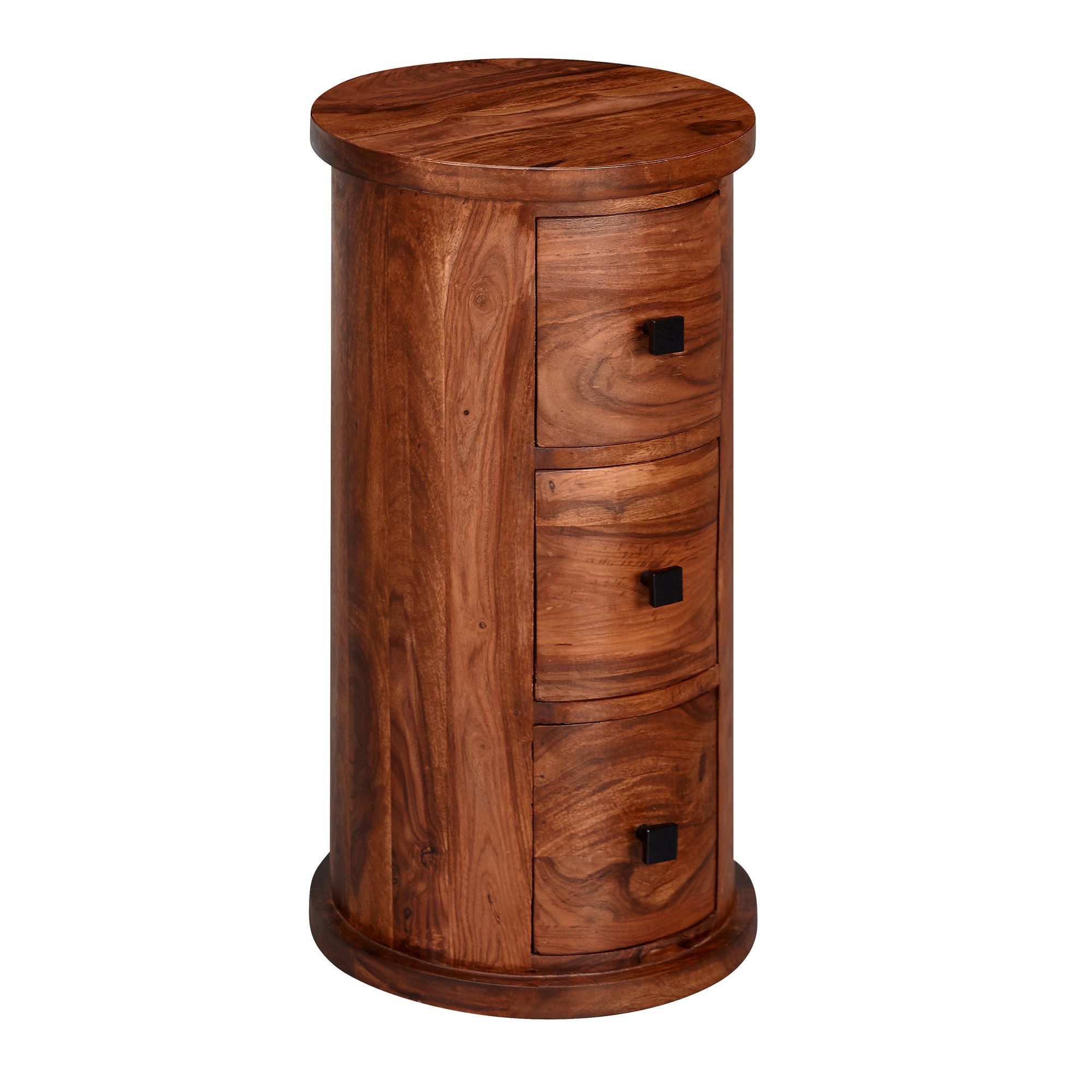 FineBuy Design Sideboard Sheesham Massivholz Ø 35 cm, Schränkchen mit Schubladen, Schmaler Beistellschrank Massiv, Mini Kommode Rund | Farbe: Braun