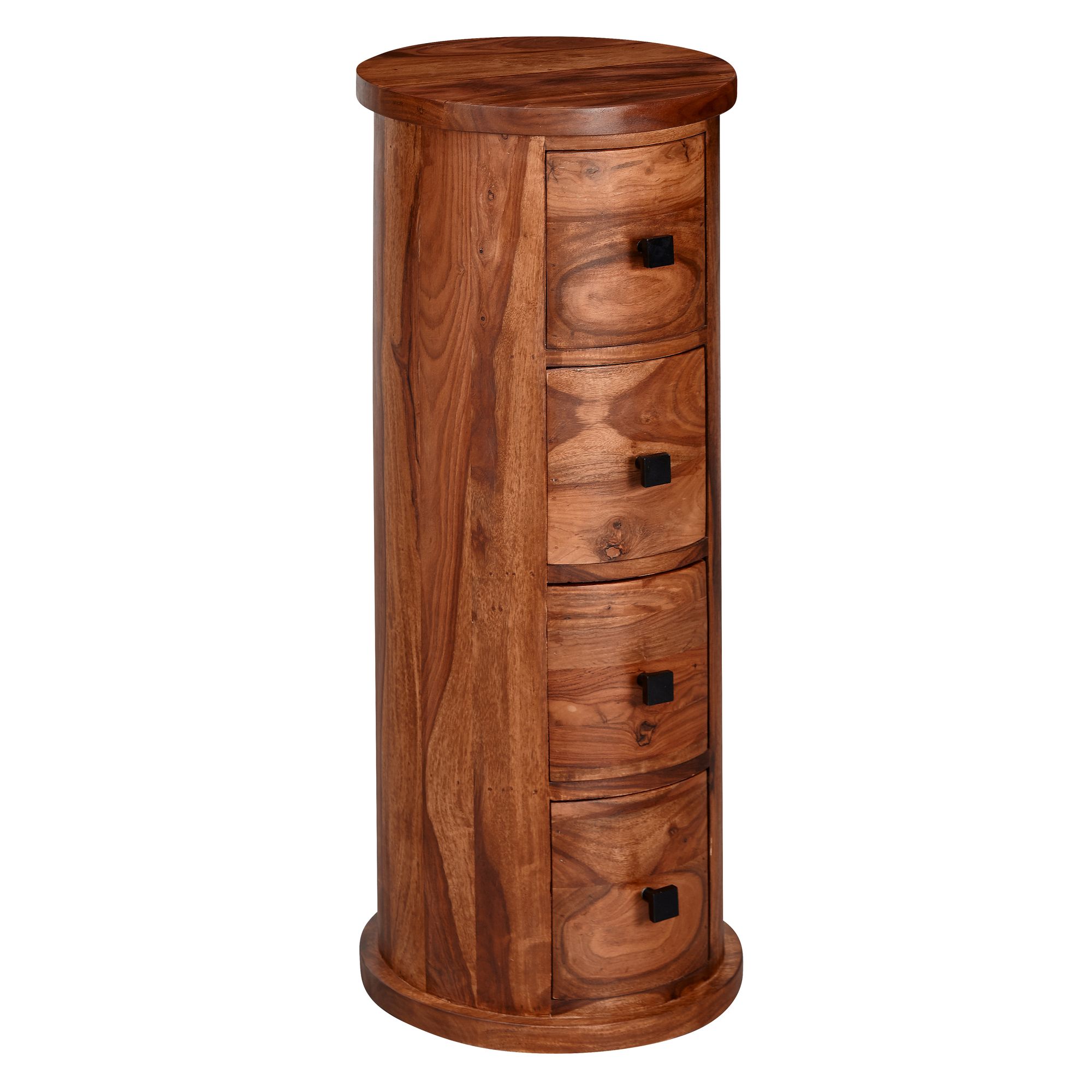 FineBuy Design Sideboard Sheesham Massivholz Ø 35 cm, Schränkchen mit Schubladen, Schmaler Beistellschrank Massiv, Mini Kommode Rund | Farbe: Braun