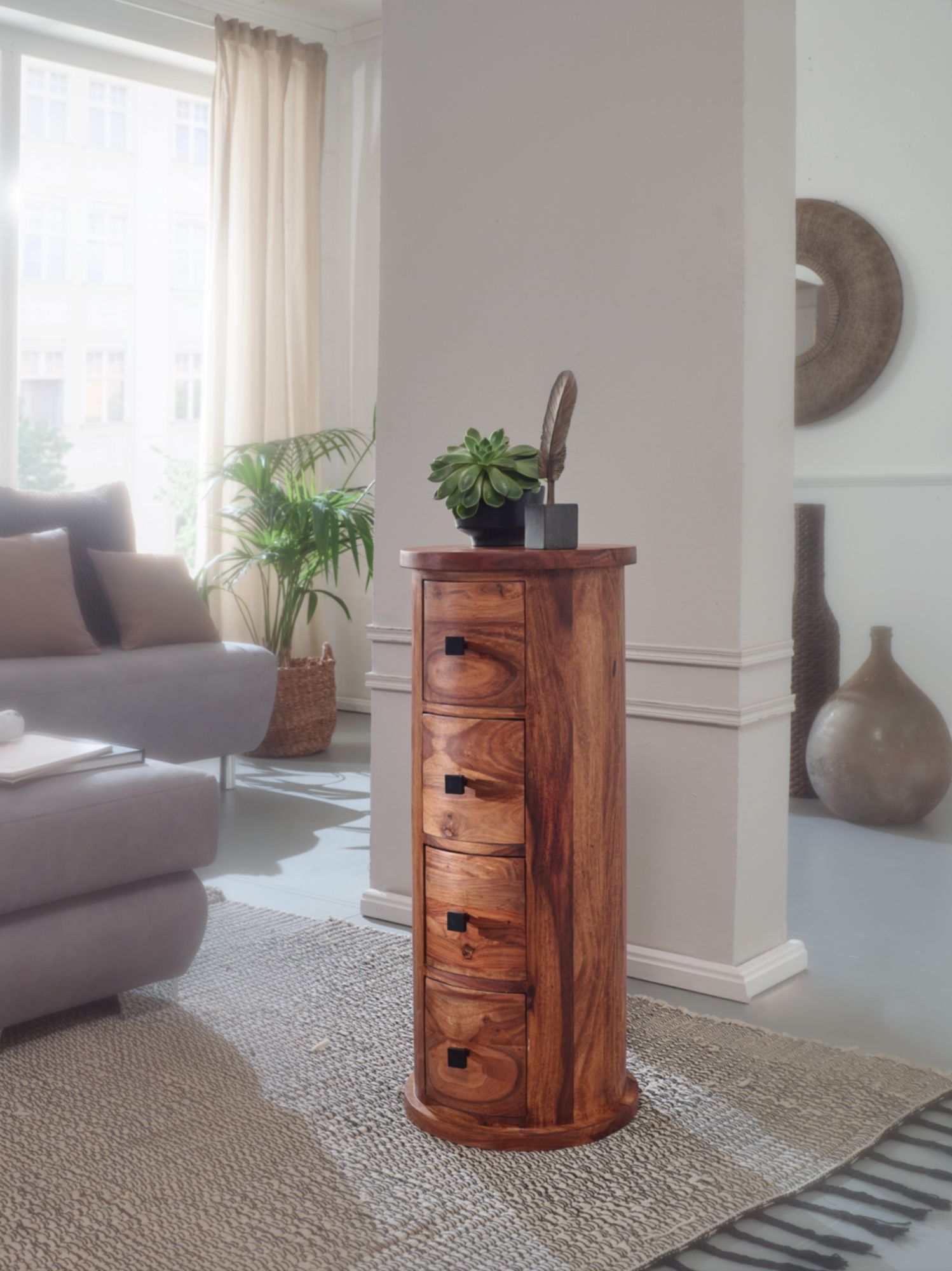 FineBuy Design Sideboard Sheesham Massivholz Ø 35 cm, Schränkchen mit Schubladen, Schmaler Beistellschrank Massiv, Mini Kommode Rund | Farbe: Braun