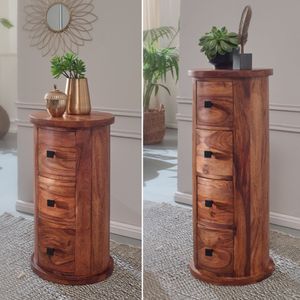 FineBuy Design Sideboard Sheesham Massivholz Ø 35 cm, Schränkchen mit Schubladen, Schmaler Beistellschrank Massiv, Mini Kommode Rund