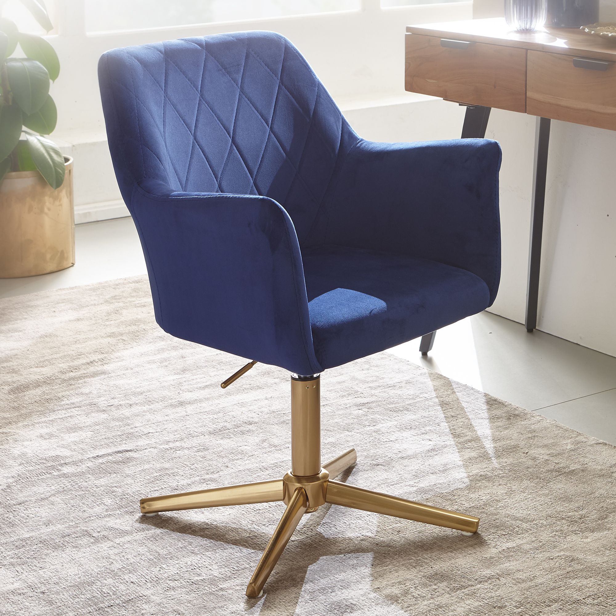 FineBuy Schreibtischstuhl Samt Design Drehstuhl mit Lehne, Schalenstuhl 120 kg Höhenverstellbar, Arbeitsstuhl ohne Rollen, Stuhl Schreibtisch Home-Office Drehbar | Farbe: Blau